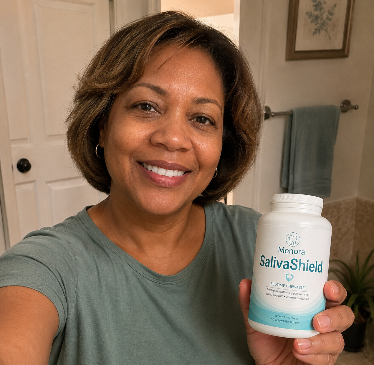 Mavis T. holding Menora SalivaShield